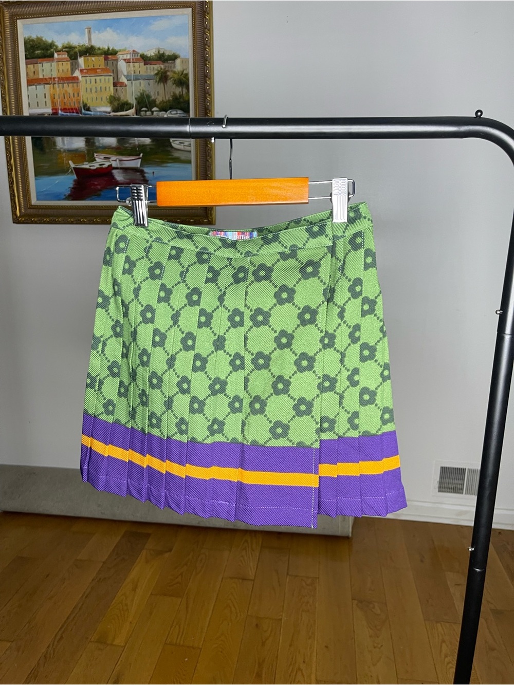 Urban Outfitters Green Floral Pleated Mini Skirt with Purple & Yellow Hem